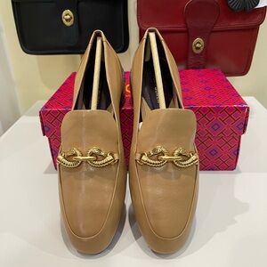 Tory Burch Tan Loafers with Gold Chain Detail